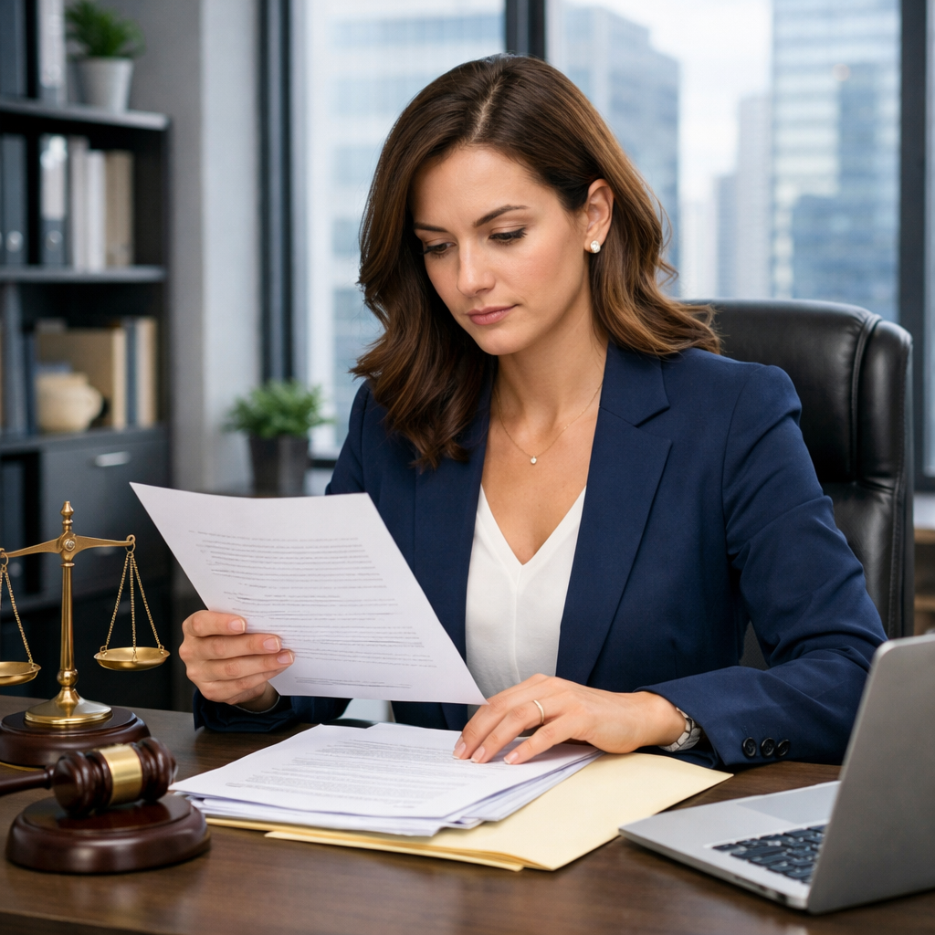 The image should depict a woman reviewing legal documents in a modern office envirnoment-1